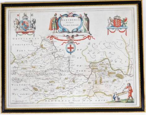 A 17thC Johannes Blaeu map of Berchera Barkshieo (Berkshire), copper engraved with original hand colouring, in a Hogarth frame, 41cm x 52cm.