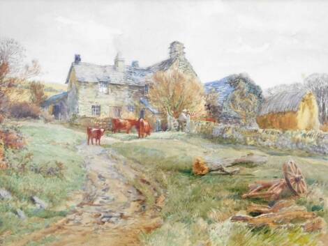 F B (19thC English School). Cattle on a path before cottage, watercolour, monogrammed, 19cm x 26cm.