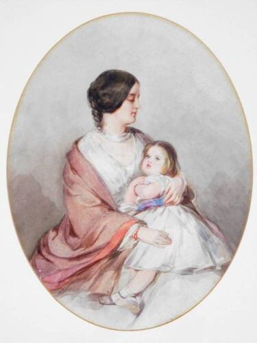 19thC English School. Portrait of a lady and child, watercolour, unsigned, 29cm x 22cm.