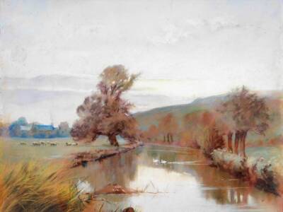 G Wyllie Hutchinson (fl.1913). River landscape with sheep, trees, hills and farmyard in the distance, oil on card, signed and dated, pencil attribution to the back, 29cm x 33cm.