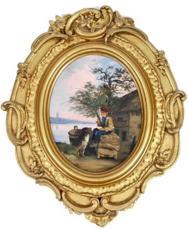 19thC School. Figure of a child aside dog with trees and stream in the distance, oil on panel, unsigned, 26cm x 19cm.