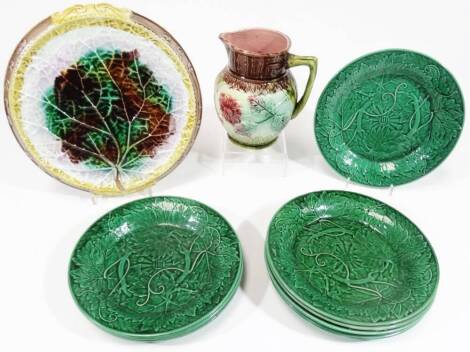 Various Wedgwood and other majolica, comprising of a matched set of eight leaf plates, continental Majolica jug, 18cm H and a bread plate with mottled base and veined leaf decoration to the main body.