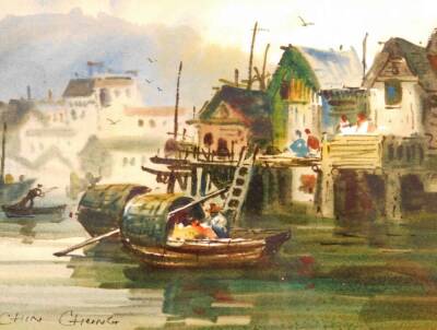 Chin Chung. Chinese boats before buildings, mixed media, 16cm x 21cm.