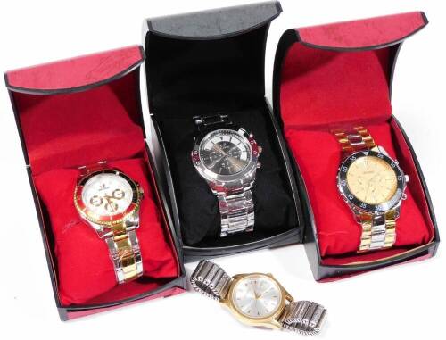 Various gentleman's fashion watches, comprising an Orlando with a fixed bezel and 4cm Dia. face, in fitted case, two other Orlando watches and an uncased Accurist. (a quantity)