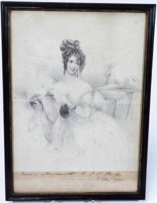 After William Sharp and John Hayter. Miss Mordaunt, black and white lithograph with handwritten annotation Livs.....to J P Harley, October 1830, 37cm x 27cm. - 2