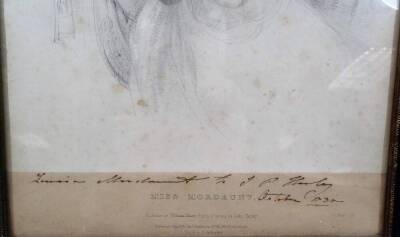 After William Sharp and John Hayter. Miss Mordaunt, black and white lithograph with handwritten annotation Livs.....to J P Harley, October 1830, 37cm x 27cm. - 3