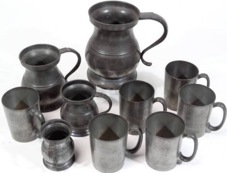 Various pewter, a late 19thC tankard of bellied circular form, with S scroll handle and plain banding, on circular foot, marked VR, 17cm H, various other similar cups, etc. (a quantity)