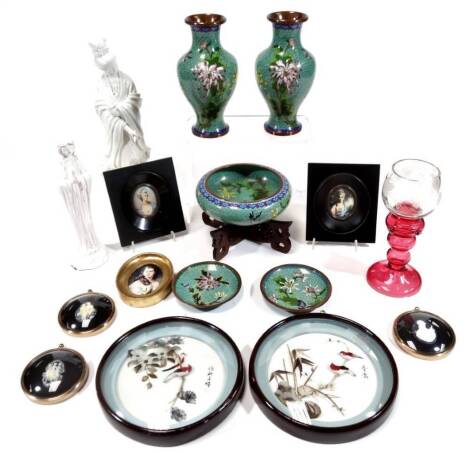 Various items, a blanc de chine figure of a lady in flowing robes, 33cm H, various cloisonné vases, bowl, etc., mid 20thC portrait miniatures, diorama, etc. (a quantity)