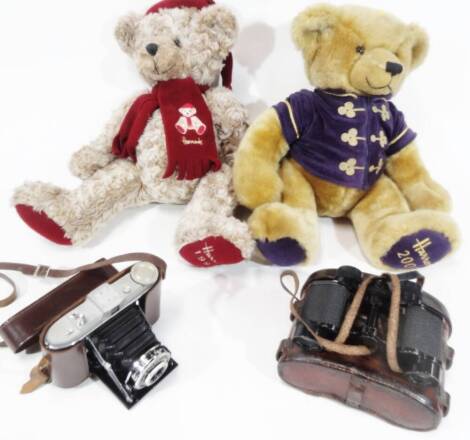 Two Harrods plush jointed Teddy bears, comprising 1999 and 2000, 34cm H, a Agfa camera and a field binocular case with red set of binoculars. (4)