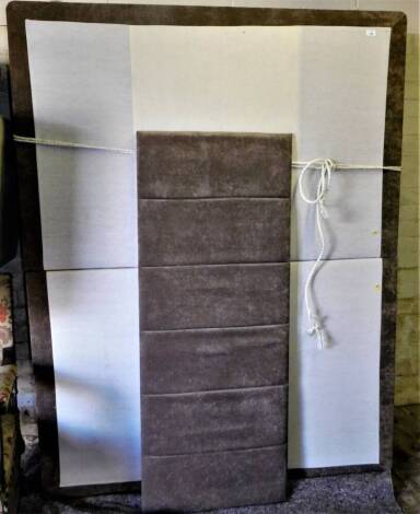 An ex-display superior kingsize bed frame, with double lift up sections and headboard in suede faux grey material, 193cm W.