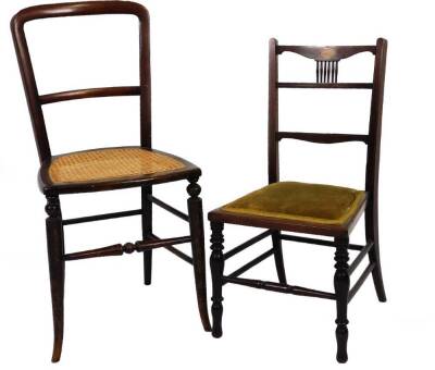 An Edwardian mahogany and boxwood strung child's chair, with horizontal back splat and overstuffed seat, on ring turned front legs, 75cm H and a further chair with bergere seat. (2)