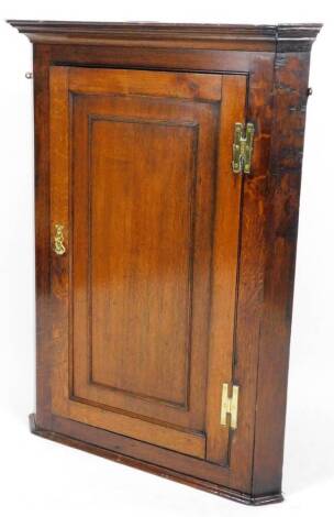An 18thC oak hanging corner cupboard, with panelled door revealing a fitted interior, on a moulded base, 108cm H, 78cm W, 50cm D.