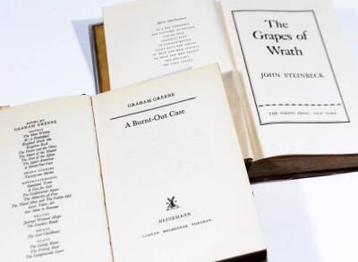 Various books, Greene (Graham) Travels With My Aunt, Bodley Head, hardback with dust wrapper, first edition 1969 and A Burnt Out Case, Crichton (Michael) Jurassic Park, copyright 1991, hardback with dust wrapper, Steinbeck (John) The Grapes of Wrath, Ma - 7