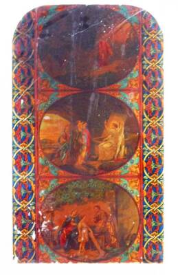 A religious glass panel, probably 19thC, of rectangular form, with curved top, profusely decorated with three panels of religious scenes in colours, 55cm x 32cm.