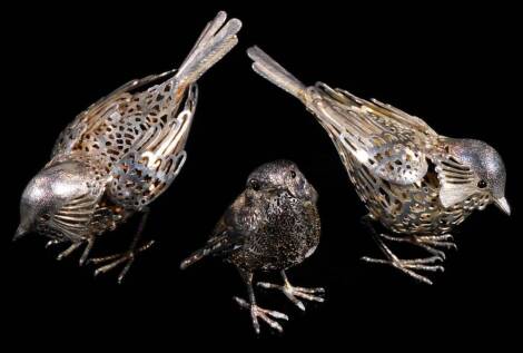 A set of three Christofle French silver plated sparrows, each with mesh work bodies, 7cm H, each marked. (3)