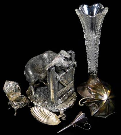 A sterling silver filled model of a pig aside gate, initialled CA, 8cm H, a shell shaped salt, white metal miniature chair, umbrella and stem vase, etc. (a quantity)