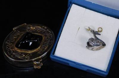 Various items, a swan pendant, oval pill box, 4cm W, a ceramic hand and a silver handled scribe set in Schreck box. (a quantity) - 2