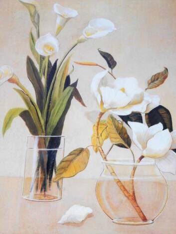 20thC School. Still life vases of flowers, mixed media, unsigned, 98cm x 78cm.