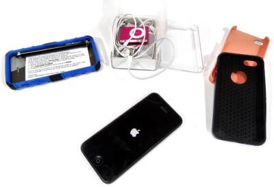 An Apple Iphone 5 16GB, a Ipod shuffle 1GB and various phone cases