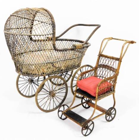 A wicker pram, 86cm H and another doll's pram. (2)