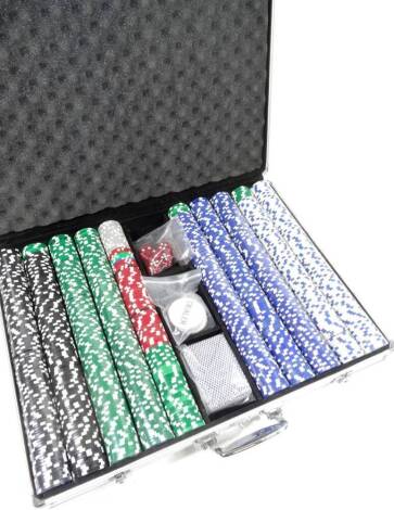 A case of as new gaming chips, in black, green, red, blue and white, dice cards and dealer chips, metal case, 51cm W.