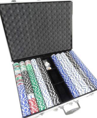 A case of as new gaming chips, in black, green, red, blue and white, metal case, 51cm W.