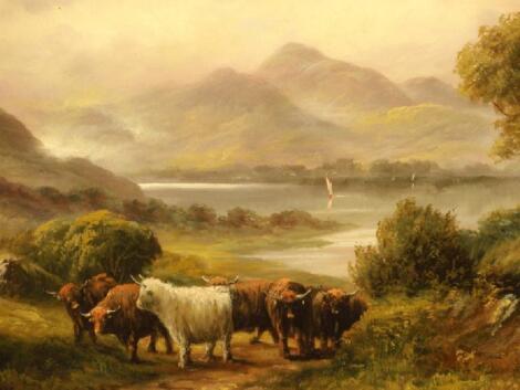 Early 20thC British School. A Highland landscape with highland cattle