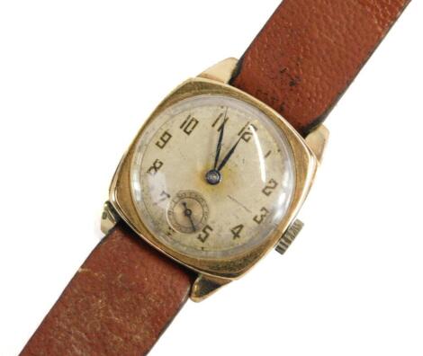 A 1920's gentleman's Rolex wristwatch, with silvered Rolex dial, seconds dial and blue hands, 2.5cm wide, (AF) with Swiss movement marked 15 Rubies, Rolex, in a 9ct gold square design watch head case, marked R.W.C Ltd, with inscription to outer case HC? f