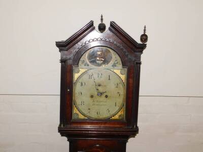 Brumhead (J N O) Stamford. A Georgian oak longcase clock, the break arch dial painted with an oval framed allegorical figure, flowers and gilt spandrels, circular dial bearing Arabic numerals, subsidiary seconds dial, two train eight day movement with bel - 3