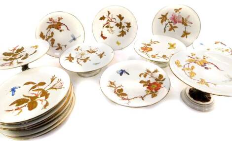 A late 19thC Bodley porcelain dessert service, moulded and painted with blossom, butterflies and insects, pattern no 4/9804, printed, painted and impressed marks, comprising a pair of comports, four tazze and twelve plates.