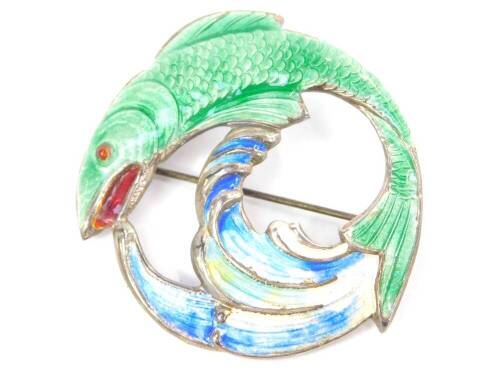 An A H Darby & Son silver and enamel circular fish brooch, Birmingham 1946.