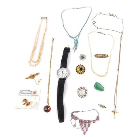 Victorian and later costume jewellery, including a Mizpah brooch, QEII Coronation souvenir enamel bow brooch, Time Company wristwatch, etc. (qty)