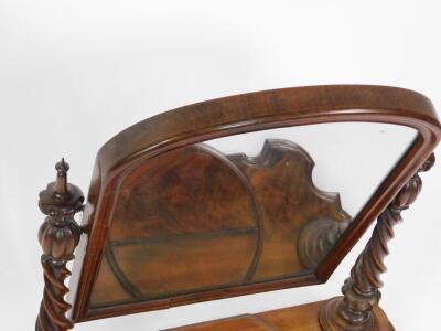 A Victorian flame mahogany dressing table mirror, with arched plate, twist columns, lift flap and shaped base, 75cm H, 72cm W. - 3