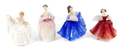 Four Royal Doulton figures, comprising First Waltz, HN5093, Elaine, HN2791, Eleanor, HN3906, and Pamella, HN2479.