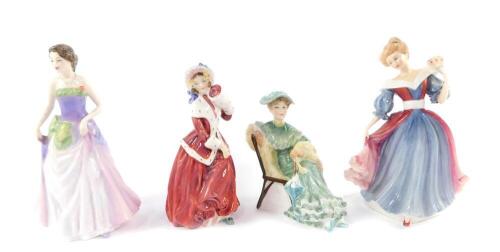 Four Royal Doulton figures, comprising Jessica, HN3850, Christmas Morn, HN1992, Amy, HN3316, and Ascot, HN2356.