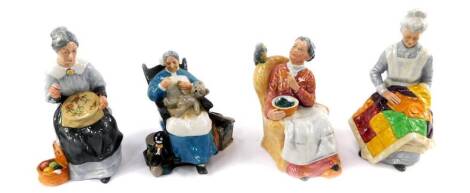Four Royal Doulton figures, comprising Pretty Polly, HN2768, Even Tide, HN2814, Embroidering, HN2855, and Nanny, HN2221.