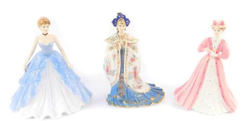 A Coalport figure modelled as Evening Elegance, limited edition 1435/5000, boxed with certificate, together with a further figure modelled as Emily, limited edition 3940/5000, both for Ringtons, together with Princess Turandot, limited edition 609/12500.