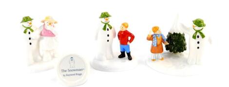 Three Coalport characters the Snowman figure group, boxed, comprising, The Bashful Blush, Goodbye My Friend, limited edition 545/1750, with certificate, and All My Own Work, with certificate, together with an advertising stand the Snowman modelled as a sn