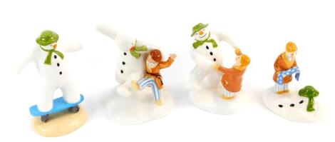 Four Coalport characters the Snowman figure groups, comprising Balancing Act, limited edition 114/1000, The Story Ends, limited edition 112/5000, The Snowman And James Dancing In The Snow, limited edition 2268/5000, and Dancing At The Party, all boxed, th