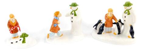 Three Coalport characters the Snowman figure groups, boxed with certificates, comprising Penguin Pals, I'll Never Forget You, limited edition 1914/4000, and The Story Ends, limited edition 112/5000.