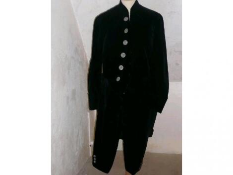 A vintage 34" chest dark blue velvet lined gentleman's outfit - three pieces