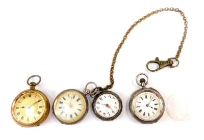 Four pocket watches, comprising a Continental silver pocket watch, bezel wind, white enamel dial, lacking glass, a brass pocket watch (AF), and two further Continental silver pocket watches attached on a brass chain.