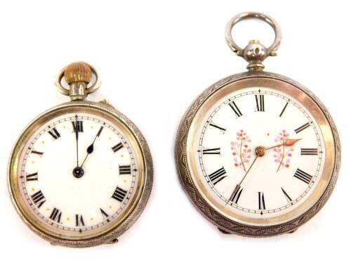 Two pocket watches, comprising a late 19thC silver pocket watch, with maker stamp GS, with Swiss movement, bezel wind, plain white enamel dial, and another early 20thC Continental silver pocket watch, stamped 935, No 78526, with white enamel dial and two