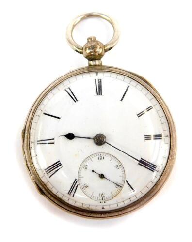 A late 19thC silver half hunter pocket watch, with white enamel dial, seconds dial and blue hands, key wind in a silver casing, bearing initials to back R J? rubbed, London Assay 1877, no 23270, stamped RJP, with enclosed movement stamped Dancaster Bell