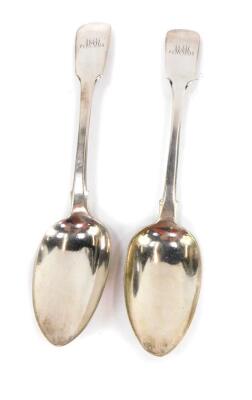 A pair of William IV silver fiddle pattern serving spoons, both initialled 'NAN', London, 1833, 4.63oz.