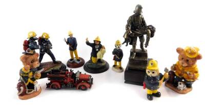 A Ballantynes figure group of fire fighters, further Ballantynes fire fighter figure group, a bronze resin group, and other decorative fireman figures, with boxes. (10)