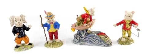 Three Royal Doulton Rupert The Bear characters and a figure group, comprising Finishing Arrows and Stringing His Bow, Looking Like Robin Hood, Ping Pong, and Rupert Rides Home, all with boxes and some additional boxes.