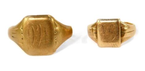 Two 9ct gold signet rings, one cut and bearing rubbed initials, the other of smaller proportions, with rubbed overall design, size M, 7.7g.