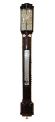 A Victorian rosewood stick barometer by D Bolongaro, Market St., Manchester, with a bow fronted case, rack and pinion operated Vernier scale, the trunk with a mercury barometer, 100cm H.