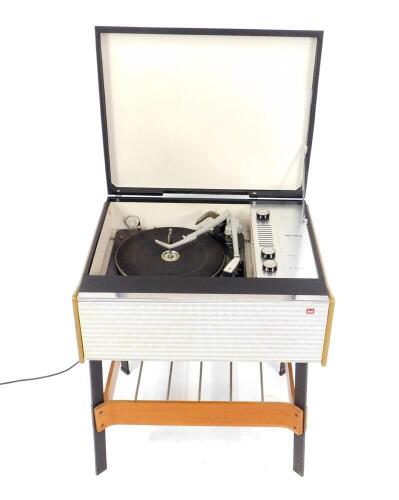 A Murphy valve record player, Type A851G, circa 1960s, Serial No 618/0325, on a black metal and plywood stand, 62cm H, 54cm W, 44.5cm D.